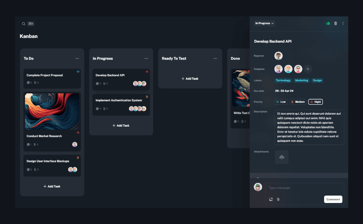 Dark Kanban inteface (Trello)